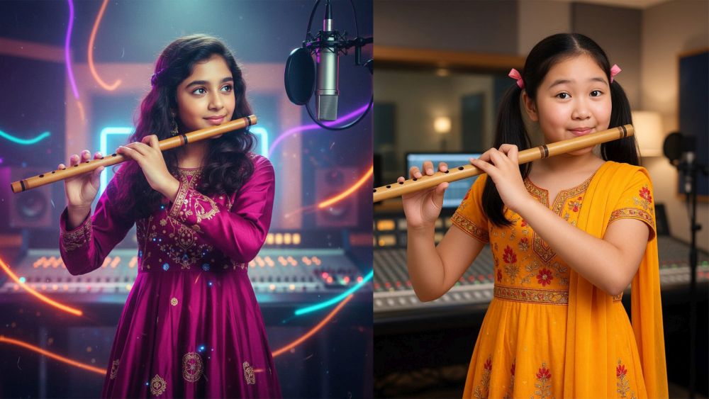 girl playing bansuri, flutes